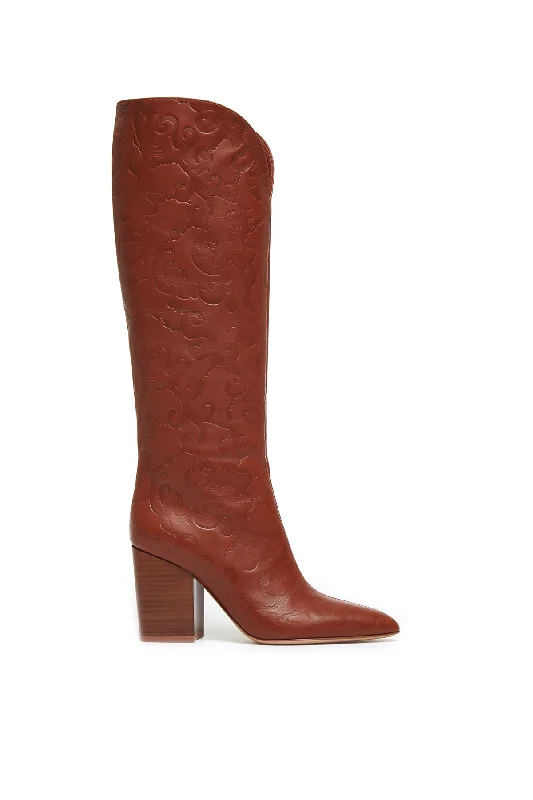 Debossed Cora Knee High Boots in Cognac Leather