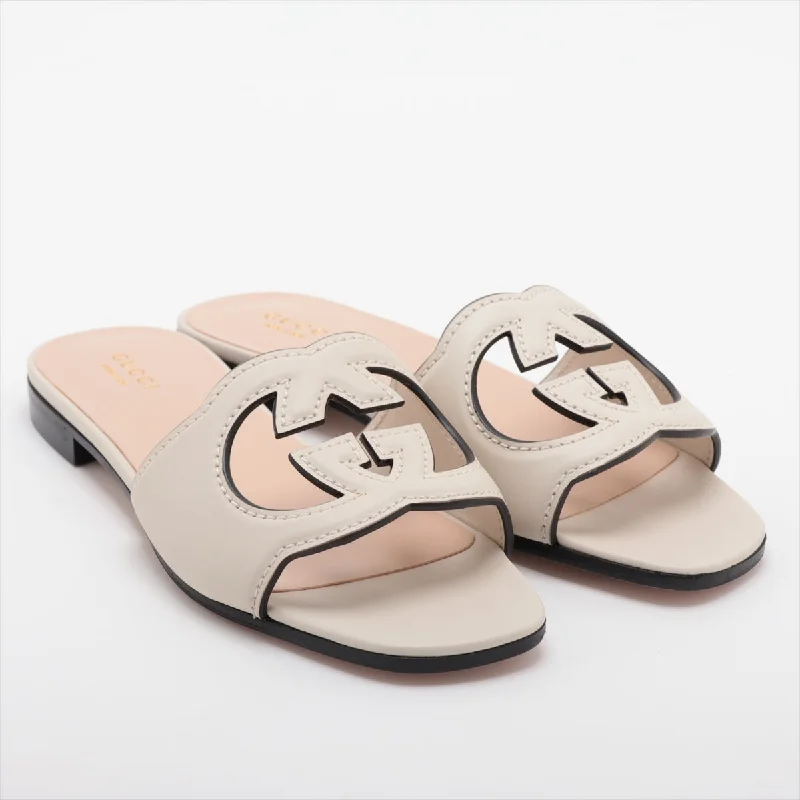 Gucci Interlocking G Leather Sandal 37 Ivory Cut Out Slide Sandal