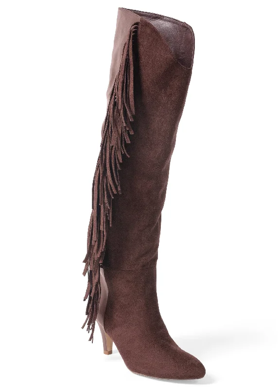 Faux-Suede Fringe Boots - Brown