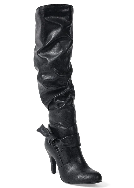 Slouchy High Heel Bow Boots - Black