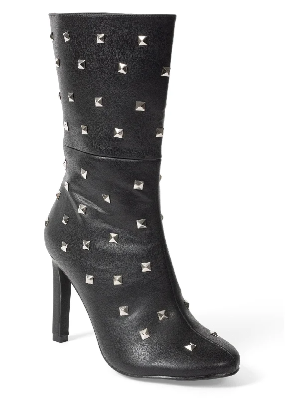 Faux Suede Studded Boots - Black