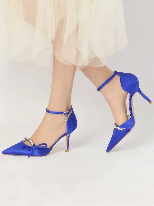 Bow Crystal Strap Pointed Toe Satin High Heels