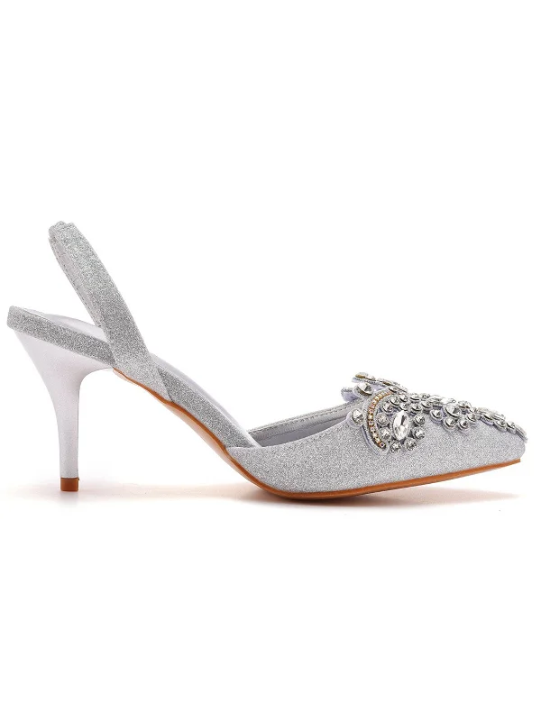 Classic Rhinestone Flowers Pointed Toe Stiletto Sandals Slingback High Heels