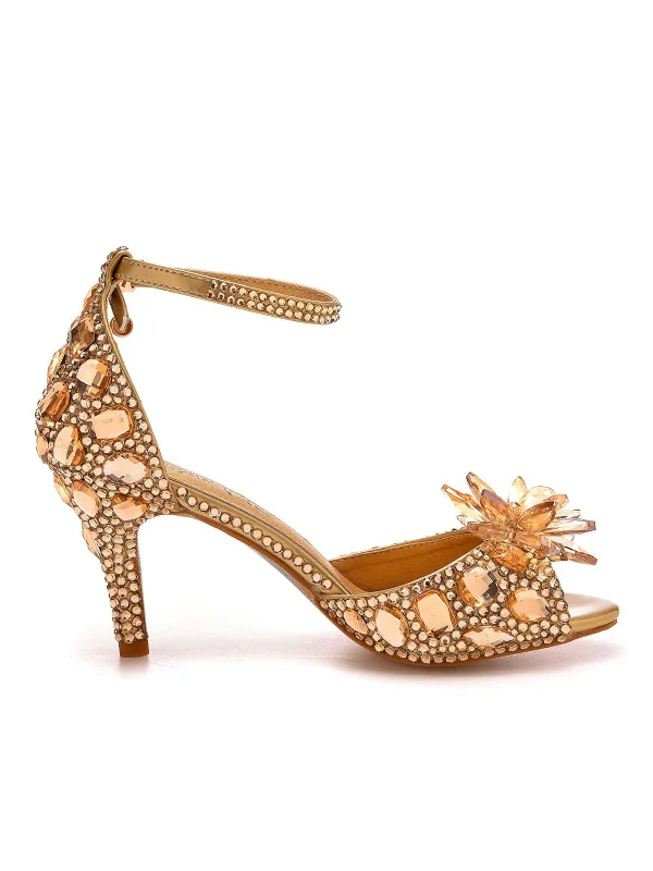 Crystal Rhinestone Decor Peep Toe Stiletto Ankle Strap High Heels