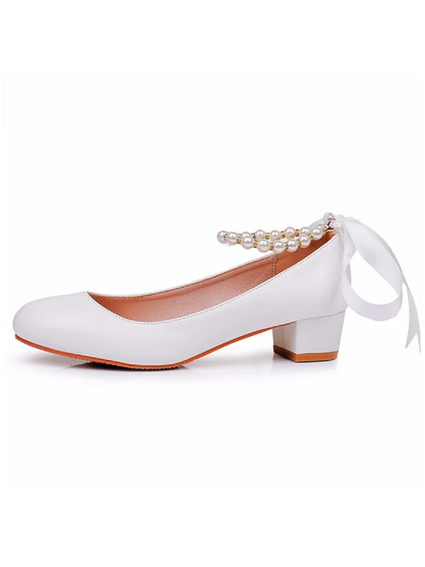 Low Chunky Heels Round Toe Beaded Wedding Shoes