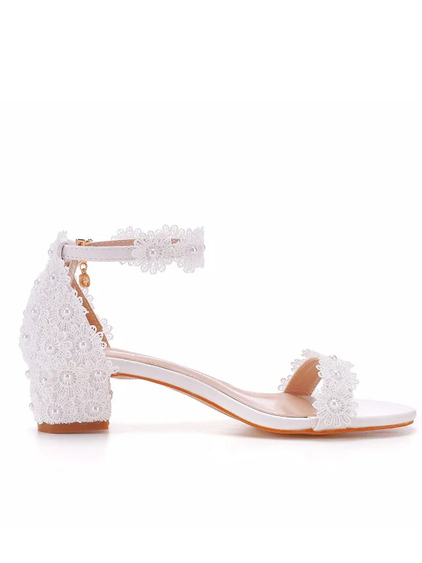 Open Toe Lace Pearl Ankle Strap Chunky heel