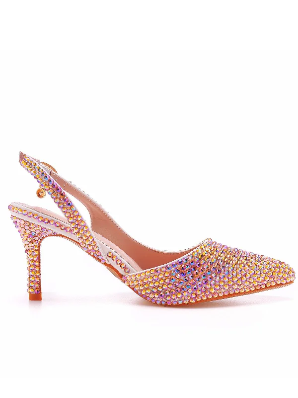 Pointed-toe Colored Rhinestone Slingback High Heels