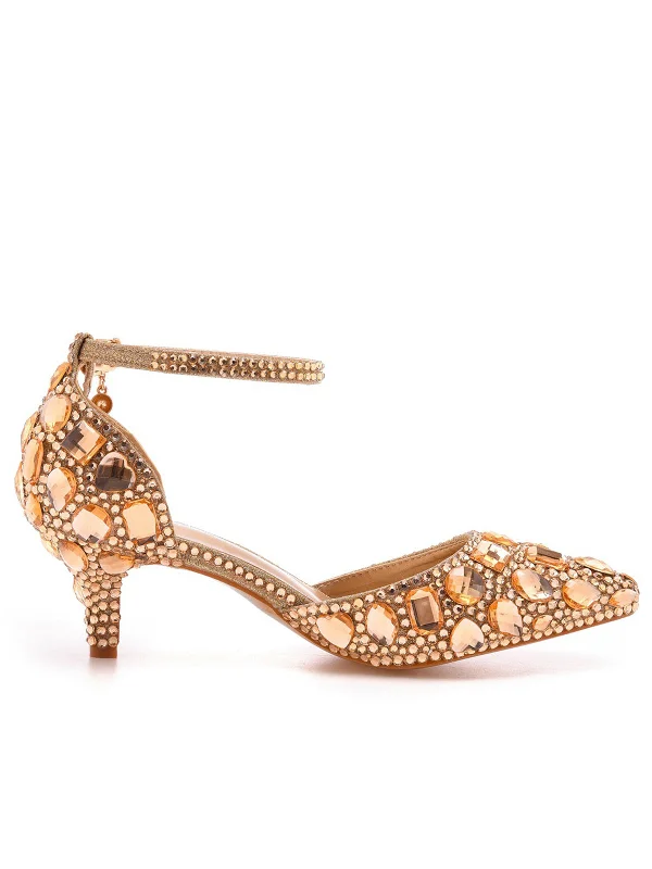 Pointed Toe Crystal Diamond  Ankle Strap Kitten Heels