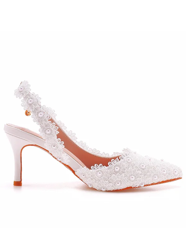 Pointed toe white lace flower Slingback High Heels