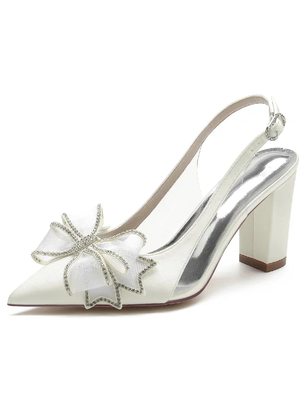 Rhinestone Bow Satin Block Heel Sandals