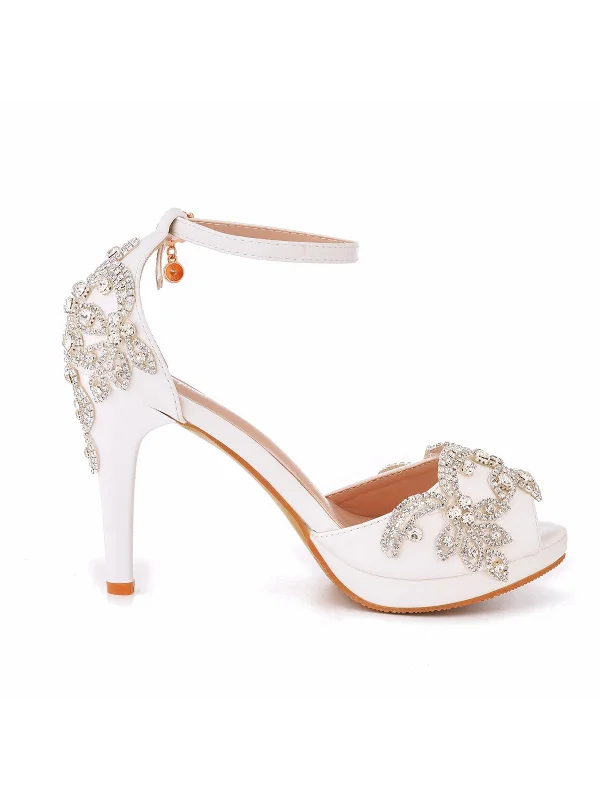 Rhinestone Flowers Decor Peep Toe Platform Stiletto Ankle-strap High Heels