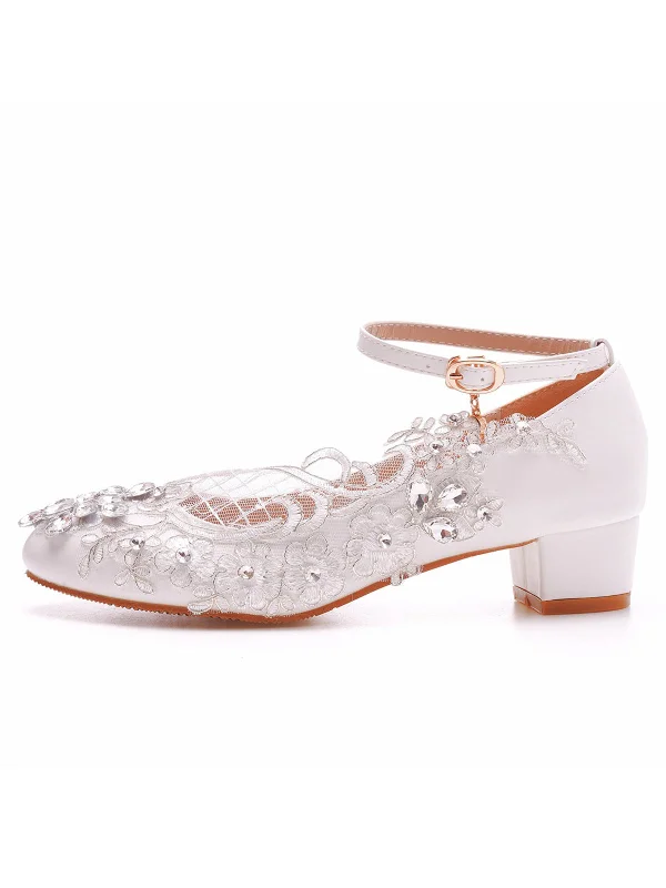 Round Toe Lace Rhinestones Ankle Strap Chunky Heel Wedding Shoes