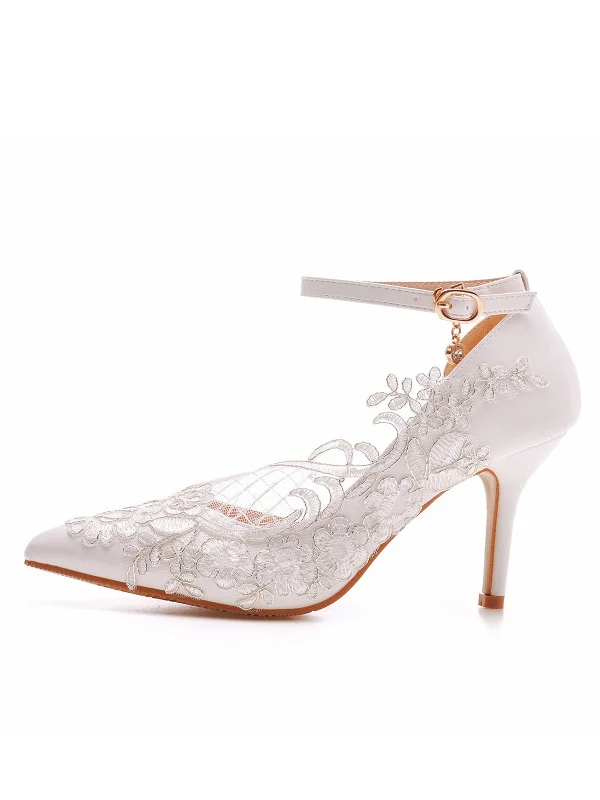 White Pointed Toe lace Ankle Strap High Heels