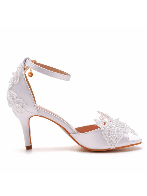 White Satin Floral Lace One-Strap Peep Toe High Heel Sandals